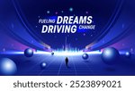 Fueling Dreams, Driving Change: A Cutting-Edge Futuristic Background with 3D Elements and Dynamic Lines for High-End Technology Events