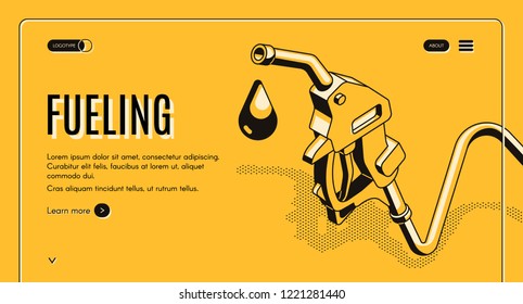 Fueling gasoline or diesel isometric vector web banner. Fuel nozzle on hose and droplet of gas, ethanol or biodiesel, line art illustration. Filling stations network, petroleum company landing page