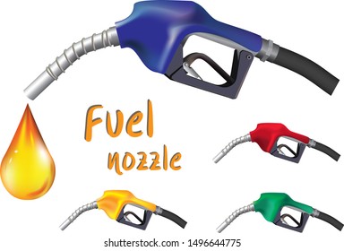 Fueling gasoline or diesel vector web banner. Fuel nozzle on hose and droplet of gas, ethanol or biodiesel. on white background.