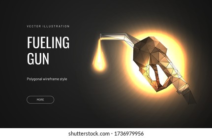 Fueling gasoline web banner vector on black background. Device for filling the car with petrol in futuristic style. 3d geometric illustration fuel nozzle and droplet, landing page template