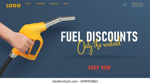 Fueling gasoline web banner with yellow realistic device for filling the car with petrol 3d illustration of fuel nozzle gun, landing page template on dark blue background