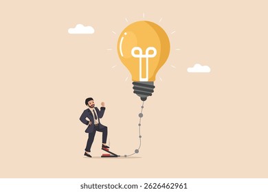 Alimentando o Empresário Idea Bombeando Ar em uma Lâmpada Gigante, Simbolizando o Esforço e Energia Necessários para Desenvolver e Crescer Conceitos Inovadores.