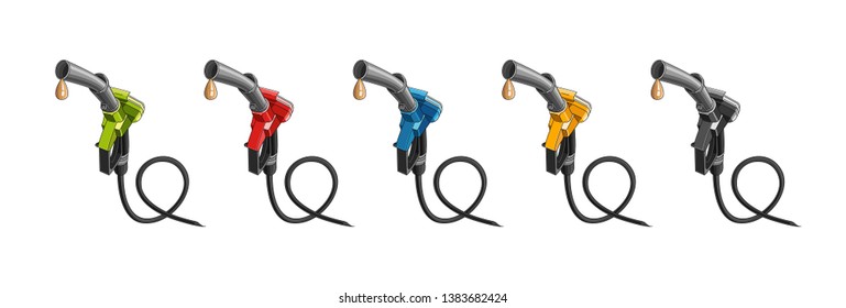 fuelling nozzles in different colours with drop of fuel illustration