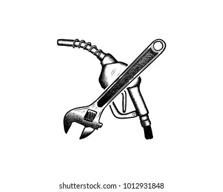 Fuels Pump - Gasoline Fuel Nozzle - Gas Pump Hose Fuel Dispenser with Wrench Cross Illustration Hand Drawing Symbol Logo Vector