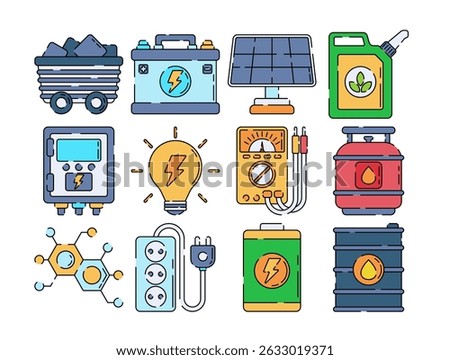 Fuels and renewable energy flat icons including solar panel, battery, gas, coal, and biofuel. Perfect for eco-energy projects, infographics, and web design.