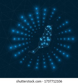 Fuerteventura digital map. Glowing rays radiating from the island. Network connections and telecommunication design. Vector illustration.