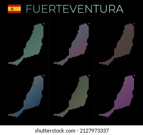 Mapa de Fuerteventura. Mapa de Fuerteventura en estilo punteado. Las fronteras de la isla están llenas de hermosos círculos de gradientes lisos. Ilustración vectorial radiante.
