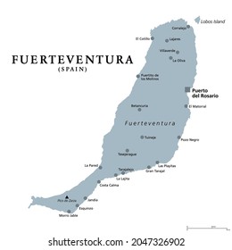 Fuerteventura island, gray political map with capital Puerto del Rosario. Part of Canary Islands, an archipelago and autonomous community of Spain in the North Atlantic Ocean, off the coast of Africa.