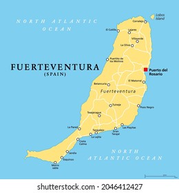 Fuerteventura island, political map, with capital Puerto del Rosario. One of the Canary Islands, an archipelago and autonomous community of Spain, in the North Atlantic Ocean, off the coast of Africa.