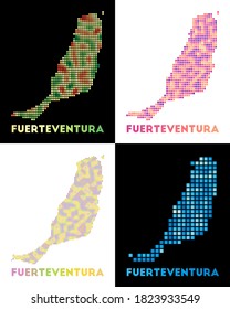 Fuerteventura map. Collection of maps of Fuerteventura in dotted style. Borders of the island filled with rectangles for your design. Vector illustration.