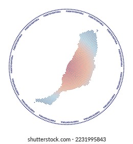 Fuerteventura round logo. Digital style shape of Fuerteventura in dotted circle with island name. Tech icon of the island with gradiented dots. Powerful vector illustration.