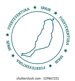 Fuerteventura vector map. Retro vintage insignia with island map. Distressed travel stamp with Fuerteventura text wrapped around a circle and stars. Fuerteventura map vector illustration.