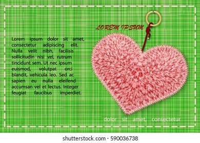 Fuffy pink heart on the green colored textile texture. Vector illustration.