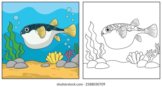 Fugu Fish coloring pages for kids. Painting for kindergarden and elementary school children. children's activity sheet. cute Illustration to color.