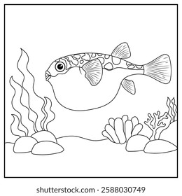 Fugu Fish coloring pages for kids. Painting for kindergarden and elementary school children. 