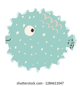 Fugue fish baby cute print. Sweet sea animal. Cool ocean illustration for nursery t-shirt, kids apparel, party and baby shower invitation. Simple child design. Summer time