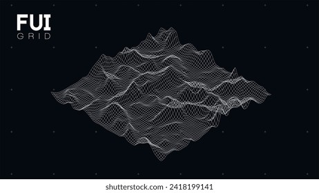 Cuadrícula de exploración de paisaje de vectores 3D de la interfaz gráfica de usuario de FUI. Resumen de fondo futurista. Diseño de alta tecnología de Sci-Fi