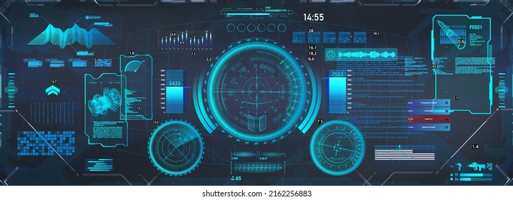 FUI HUD virtual reality, view from the helmet. Sci-fi Head-up display, cockpit view. Futuristic display for VR goggles, cyber world simulation or metaverse. Cyberpunk dashboard with UI, HUD interface