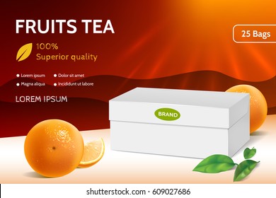 Fuits tea advertising banner. White empty paper box with green leaves and orange. Abstract red background with sunlight. 3d mockup for your promo design. Vector eps 10