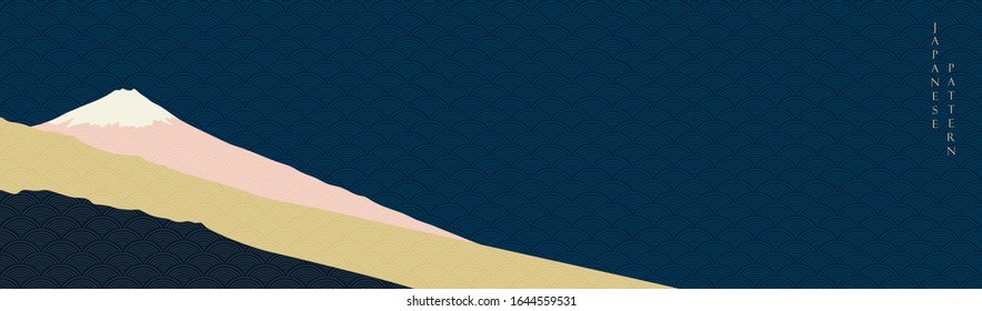 Fondo Fuji con vector de patrón de onda japonés. Famoso cartel emblemático. Recorrido por lugares de interés en Japón.