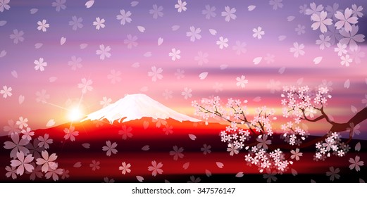 Fuji cherry tree sunrise background