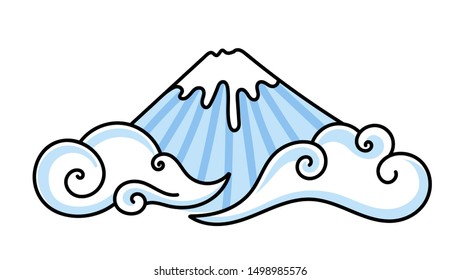 Fuji in the clouds. Cute cartoon pin, sticker, badge, patch. Simple vector illustration.