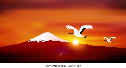 Fuji crane sunrise background
