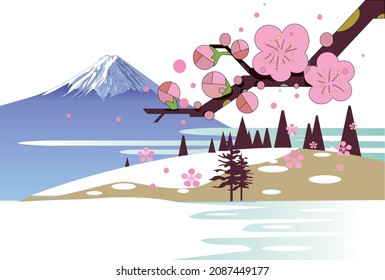 Fuji in early spring when plum trees are in bloom.