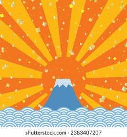 Fuji, el primer amanecer del año, y un fondo cuadrado con confeti de hojas de oro esparcidos en un patrón de olas