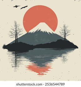 Fuji Lakes Vector Illustration, Serene Japanese Landscape