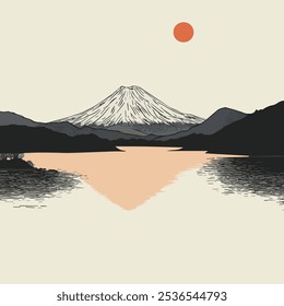 Ilustração do vetor de lagos Fuji, paisagem japonesa serena