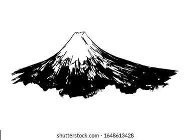 Fuji mount ink paint hand drawn art design, Japanese mountain in vector paintbrush calligraphy style. Mount Fuji with snow peak, Japan and Tokyo landmark symbol ink sketch graphic with brush texture