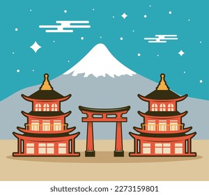 fuji mount with pagodas and arch scene