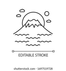 Fuji mount pixel perfect linear icon. Tokyo mountain with sunrise. Volcano with sea and sunset. Thin line customizable illustration. Contour symbol. Vector isolated outline drawing. Editable stroke