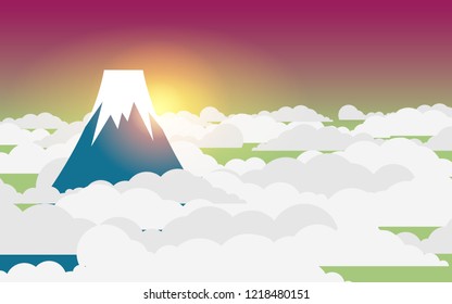 Fuji mountain above the cloud level in the sun rise or sun set time with pink sky