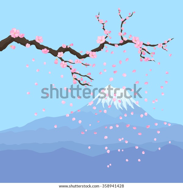 Fuji Mountain Background Cherry Blossom Branch Stock Vector (royalty 