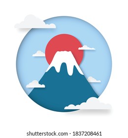 Fuji mountain background. Mountain Fuji with snow on the peak at sunrise. Japanese greeting card or banner paper cut. Vector illustration