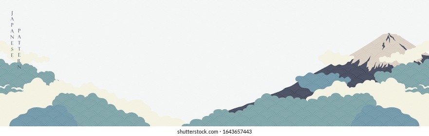 Fuji mountain banner with Japanese wave pattern vector. Famous sightseeing background in Japan. 