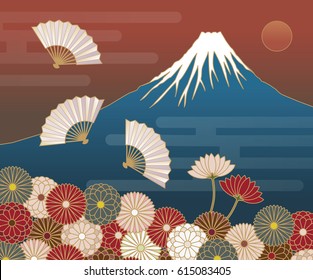 Fuji mountain, chrysanthemum flowers and hand-fan, Japanese traditional pattern