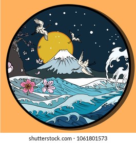 Fuji mountain in circle background.Hand drawn Japanese art Fuji mountain with heron bird and ocean wave.