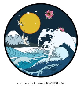 Fuji mountain in circle background.Hand drawn Japanese art Fuji mountain with heron bird and ocean wave.