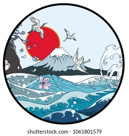 Fuji mountain in circle background.Hand drawn Japanese art Fuji mountain with heron bird and ocean wave.