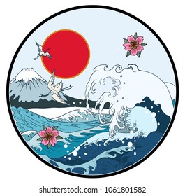 Fuji mountain in circle background.Hand drawn Japanese art Fuji mountain with heron bird and ocean wave.