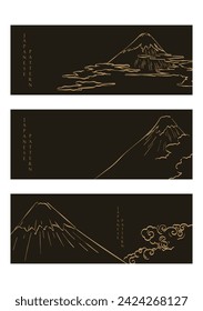 Fuji mountain and cloud decorations with black texture in vintage style. Abstract art landscape with mountain and ocean sea with hand drawn wave