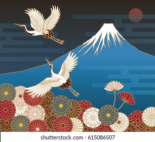 Fuji mountain, Cranes and Chrysanthemum flowers, Japanese traditional pattern