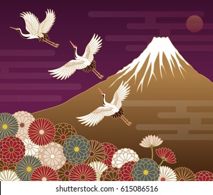 Fuji mountain, Cranes and Chrysanthemum flowers, Japanese traditional pattern