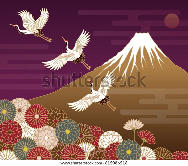 富士山、鶴、菊の花、和様