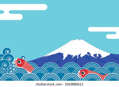 Fuji mountain and crap fish in wave