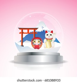 Fuji mountain, Daruma Doll, Maneki Neko Lucky Cat, Attraction of Japan in snow globe. Vector illustration.