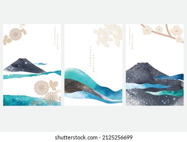 Fuji mountain with flower vector in Japanese style. Art landscape background with watercolor texture illustration.